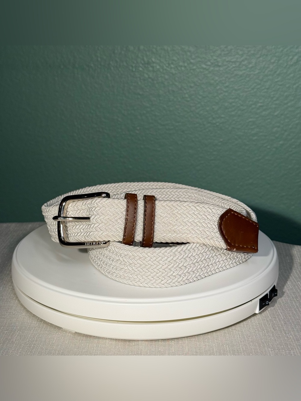 Tommy Hilfiger Men’s White Braided Elastic Stretch Belt Brown Leather Trim L 40–